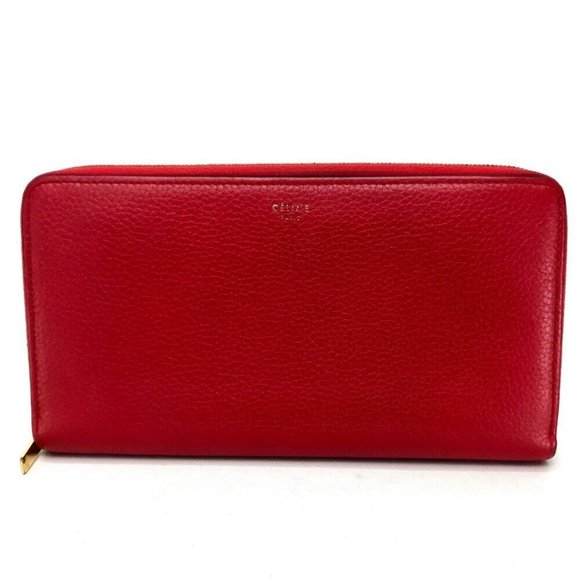 AUTHENTIC CELINE Leather Zip Around Long Wallet Red - Picture 1 of 9